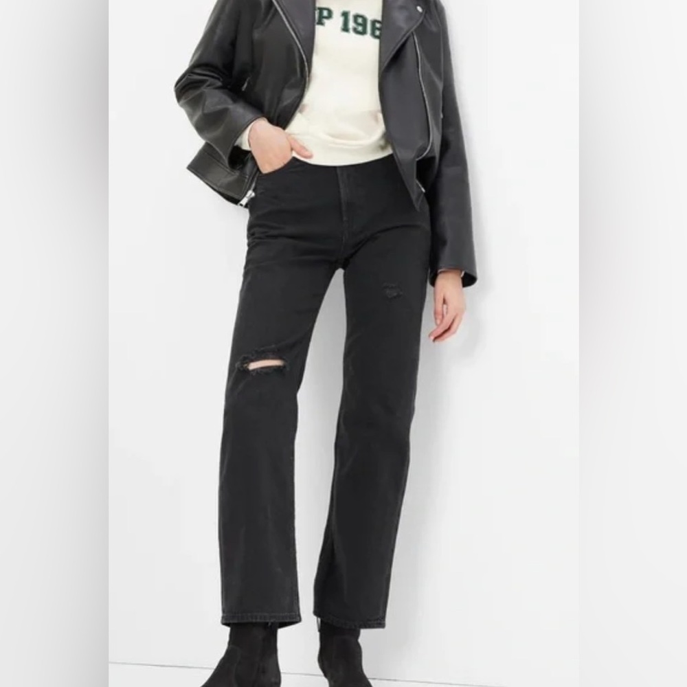 GAP High Rise Cotton '90s Loose Jeans Washed Black Distressed